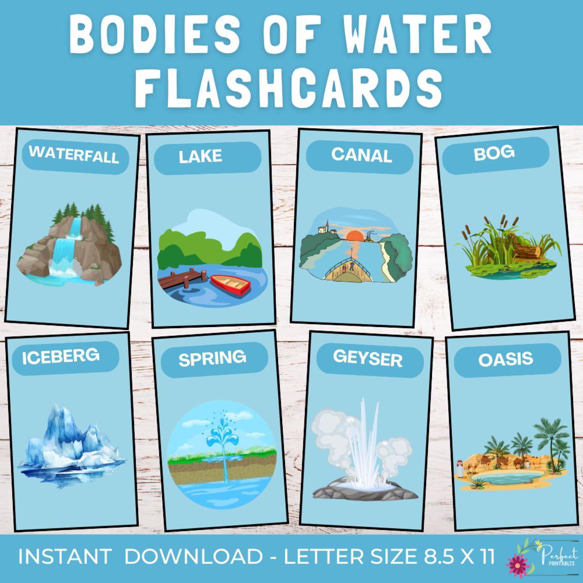 An educational teaching resource from Perfect_Printables entitled Bodies of Water Vocabulary Flashcards | Geography & Nature Study Cards downloadable at Teach Simple.