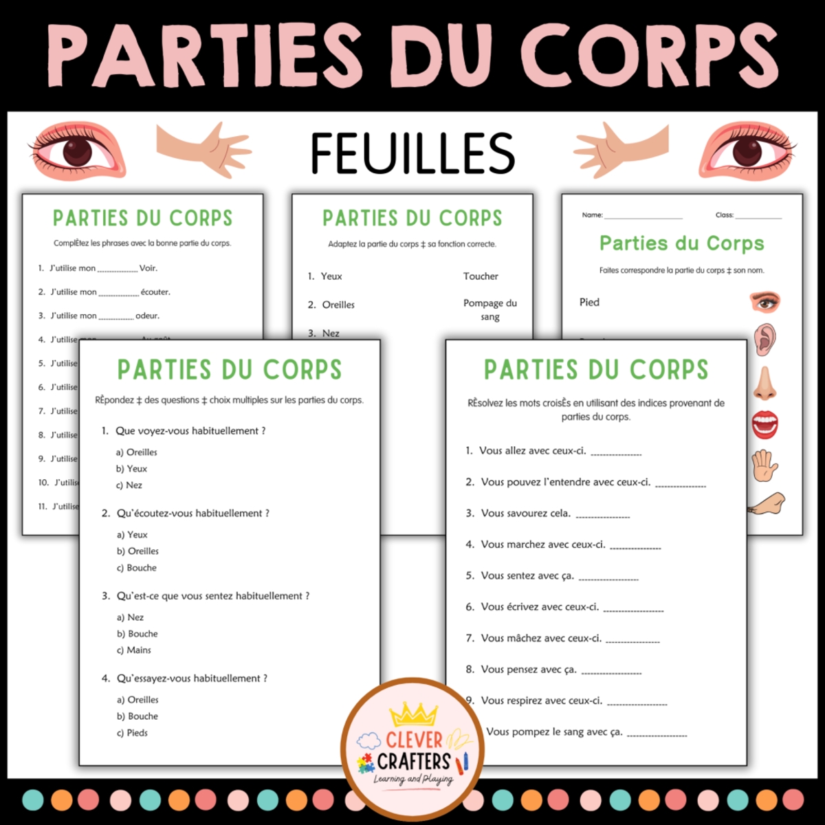 An educational teaching resource from Clever Crafters entitled Body Parts Worksheets in French downloadable at Teach Simple.