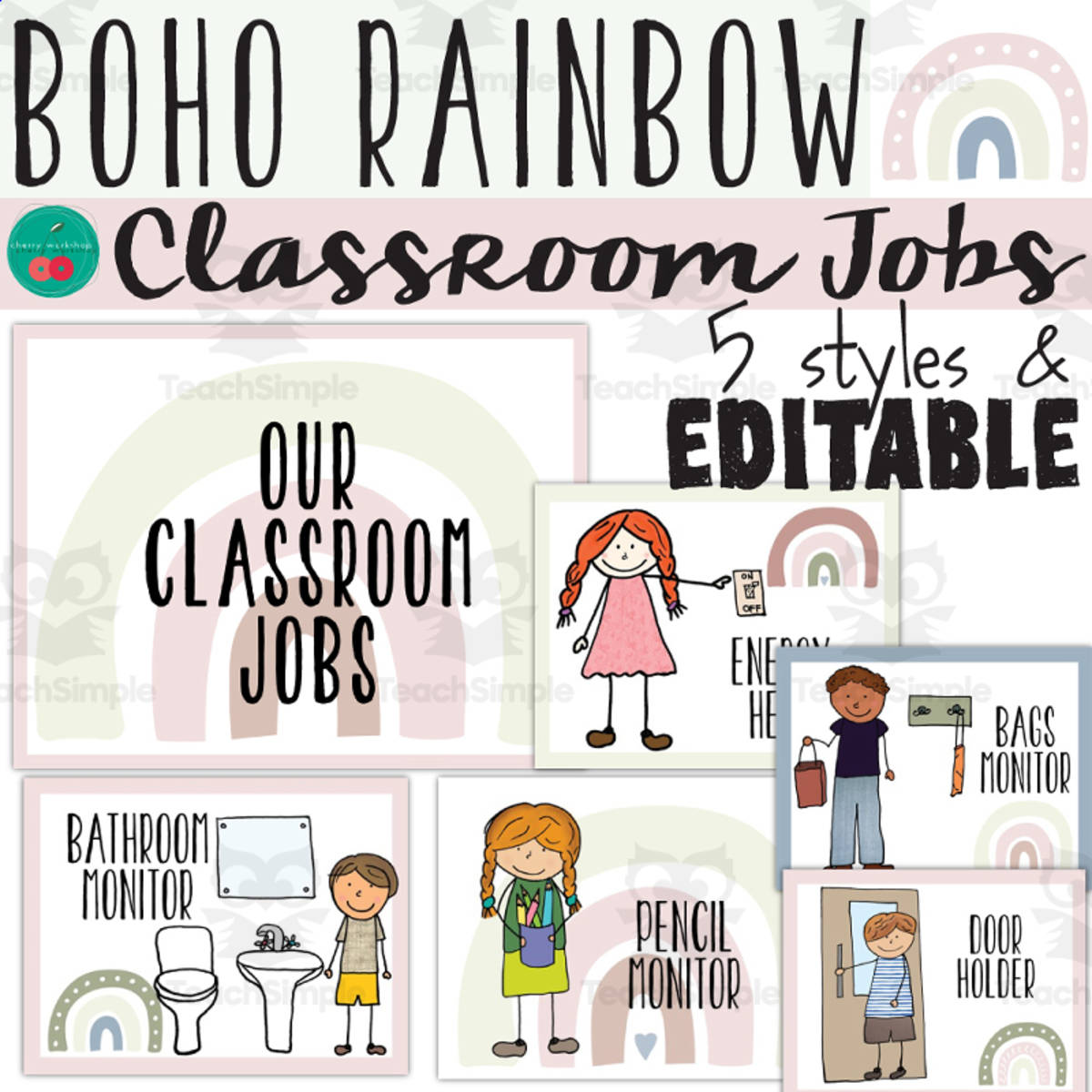 An educational teaching resource from Cherry Workshop entitled Boho Classroom Jobs Editable - Boho Rainbow Classroom Decor downloadable at Teach Simple.