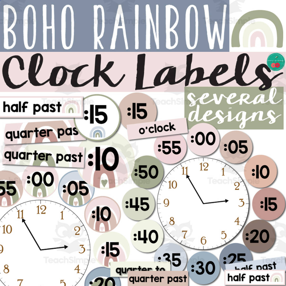An educational teaching resource from Cherry Workshop entitled Boho Clock Labels - Boho Rainbow Classroom Decor downloadable at Teach Simple.