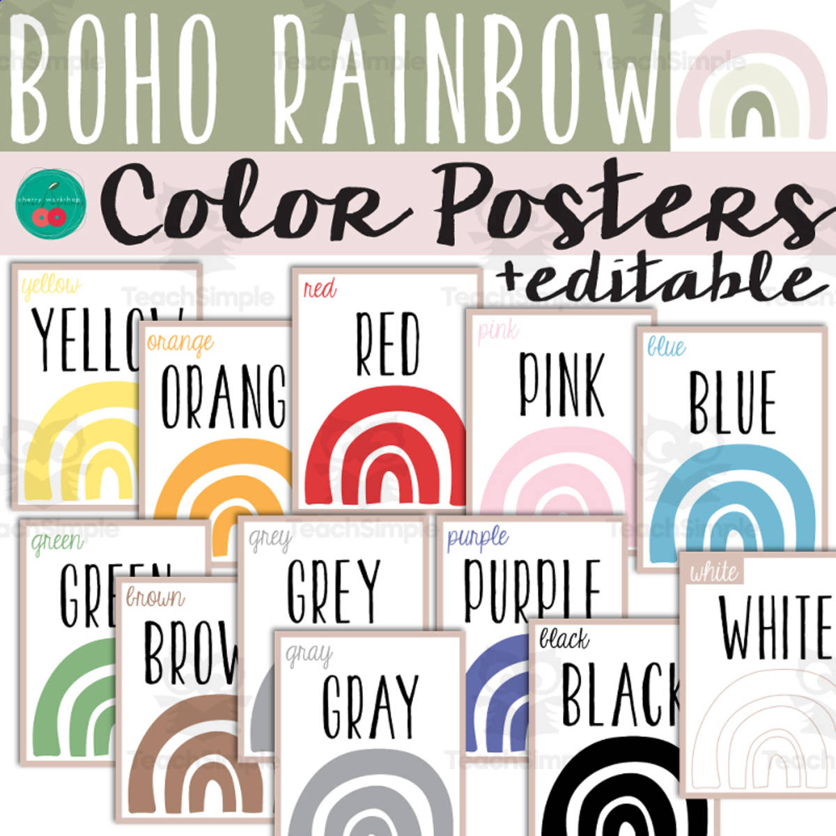 An educational teaching resource from Cherry Workshop entitled Boho Color Posters - Boho Rainbow Classroom Decor downloadable at Teach Simple.