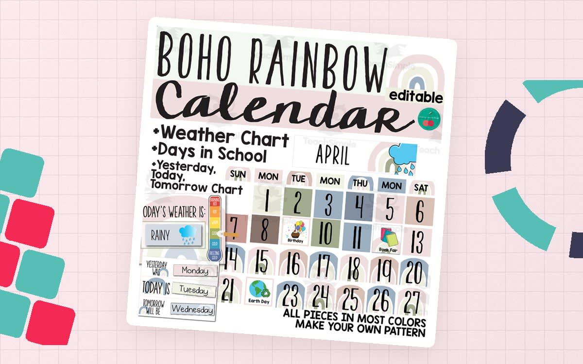 An educational teaching resource from Cherry Workshop entitled Boho Rainbow Calendar and Weather Display - Calming Colors Boho Classroom Decor downloadable at Teach Simple.