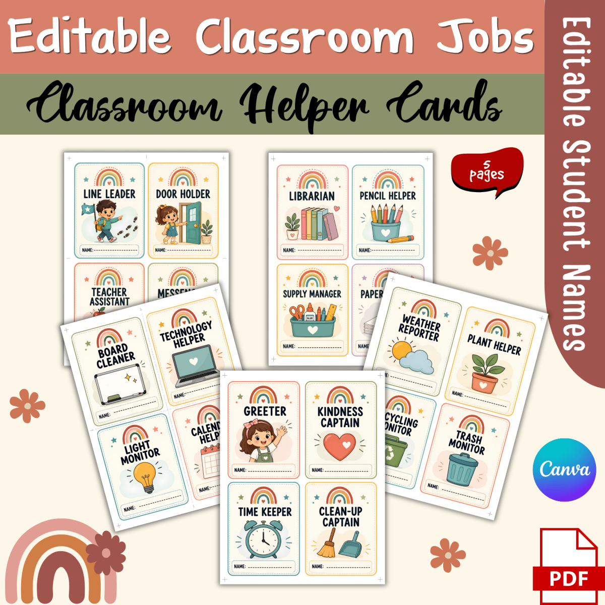 An educational teaching resource from Sadigitalart entitled Boho Rainbow Classroom Jobs | Editable Name Cards Classroom Management downloadable at Teach Simple.