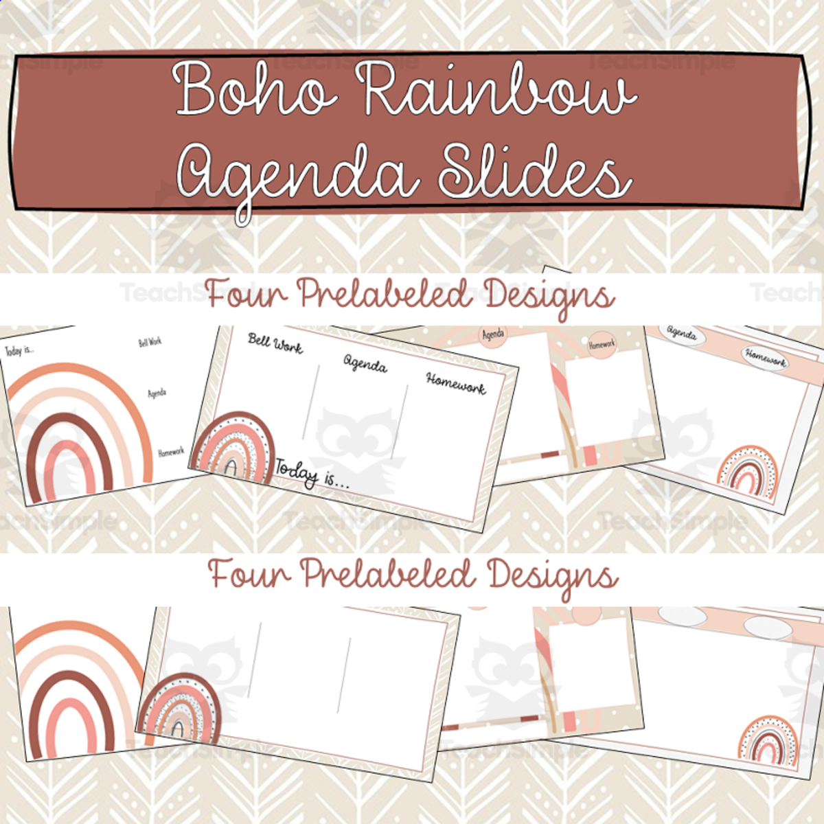 An educational teaching resource from Maude in the Middle entitled Boho Rainbow Daily Agenda Slide Template downloadable at Teach Simple.