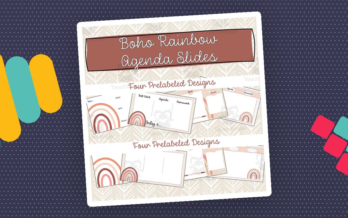 An educational teaching resource from Maude in the Middle entitled Boho Rainbow Daily Agenda Slide Template downloadable at Teach Simple.
