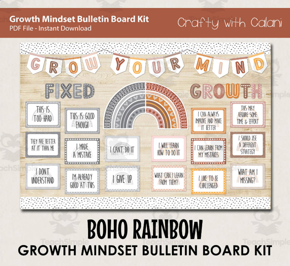 An educational teaching resource from Crafty with Calani entitled Boho Rainbow Growth Mindset Classroom Bulletin Board Kit downloadable at Teach Simple.