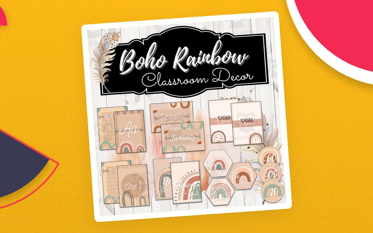An educational teaching resource from Magical World Designs entitled Boho Rainbow Neutral Classroom Decor Set - Bohemian Rainbow Classroom Theme downloadable at Teach Simple.