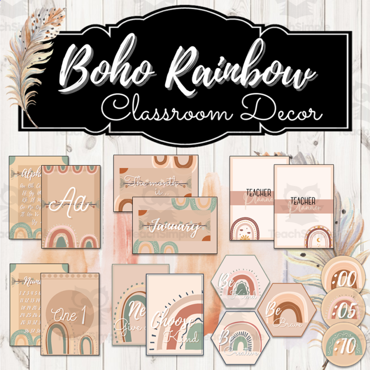 An educational teaching resource from Magical World Designs entitled Boho Rainbow Neutral Classroom Decor Set  - Bohemian Rainbow Classroom Theme downloadable at Teach Simple.