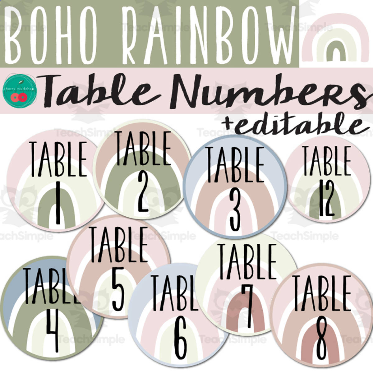 An educational teaching resource from Cherry Workshop entitled Boho Table Numbers  EDITABLE Boho Rainbow Classroom Decor downloadable at Teach Simple.