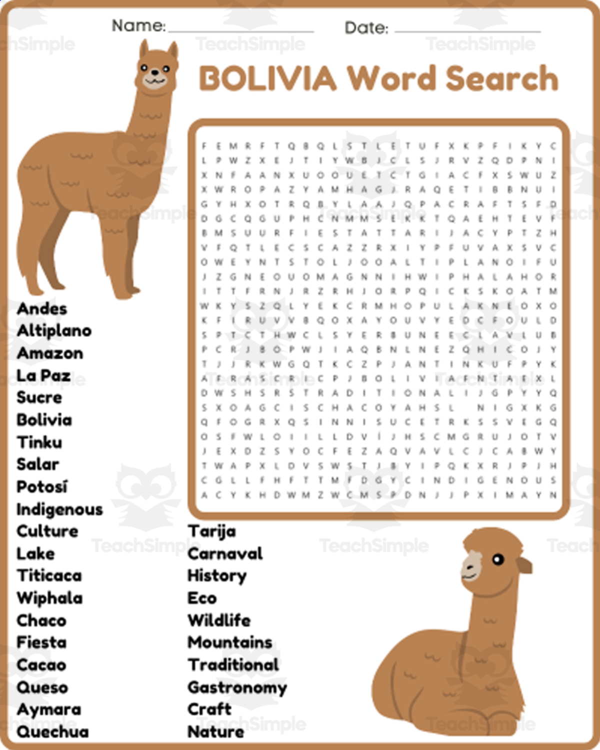 An educational teaching resource from space shope entitled BOLIVIA Word Search Puzzle Worksheet Activity downloadable at Teach Simple.