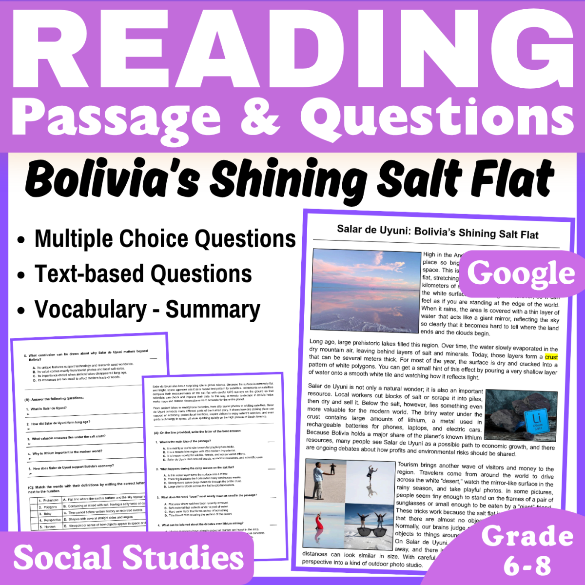 An educational teaching resource from CORED Education - Middle & High School entitled Social Studies Reading Passage: Salar de Uyuni in Bolivia (Docs) downloadable at Teach Simple.