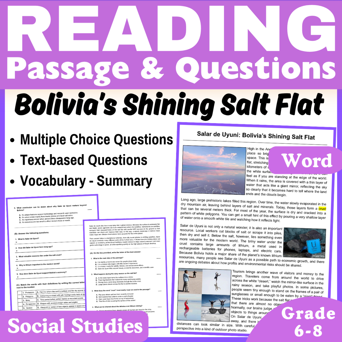 An educational teaching resource from CORED Education - Middle & High School entitled Bolivia’s Salar de Uyuni: Social Studies Reading Passage (Word) downloadable at Teach Simple.