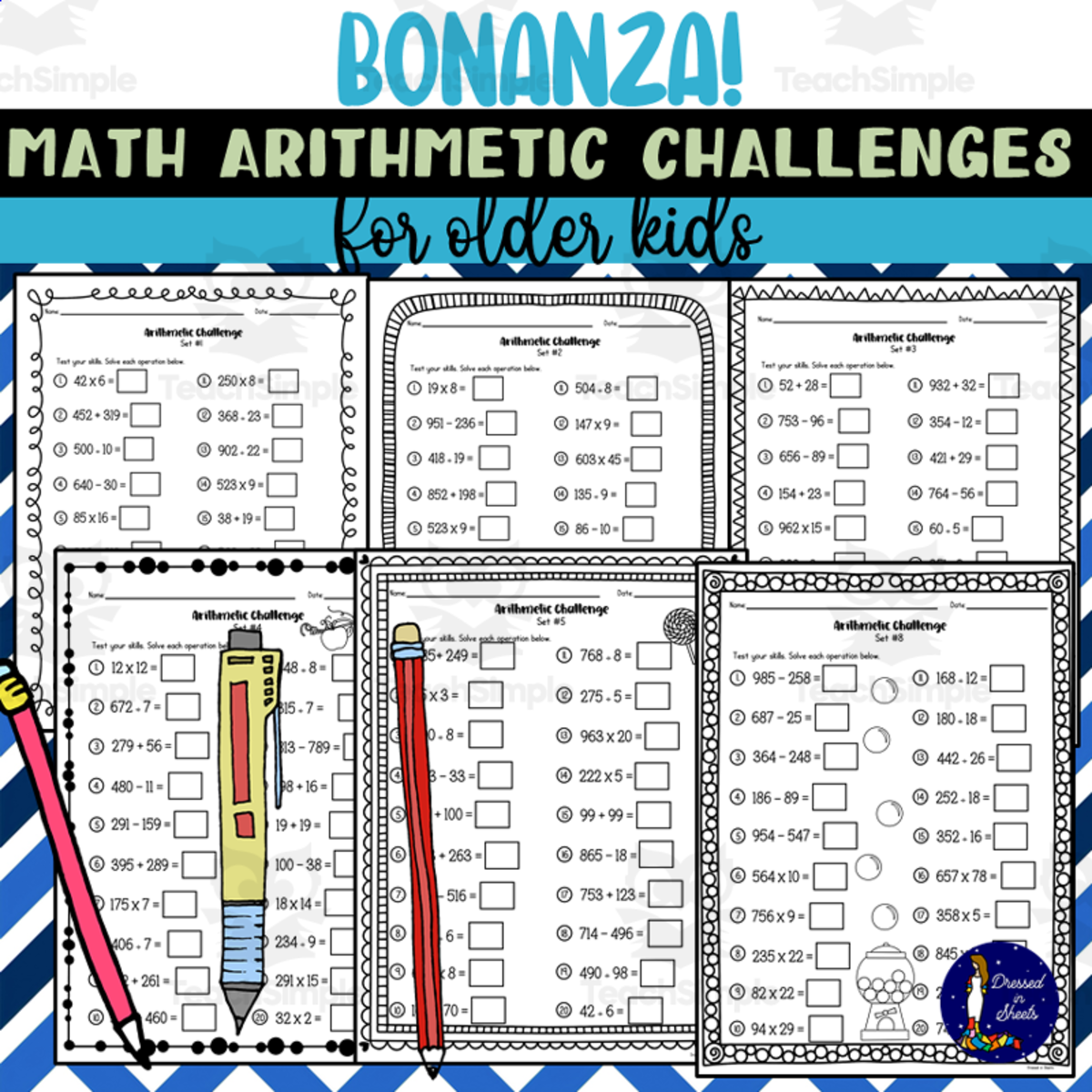 An educational teaching resource from Soumara Siddiqui entitled Bonanza! Math Arithmetic Challenges for Older Kids downloadable at Teach Simple.