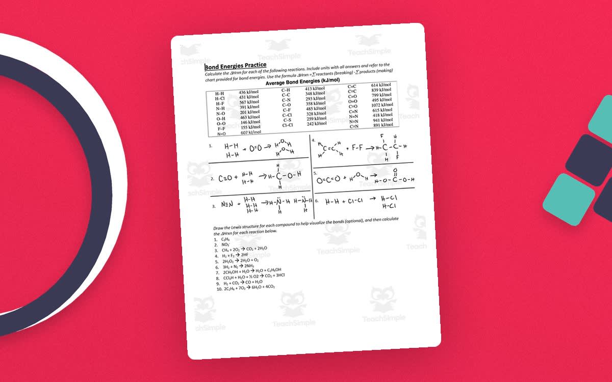 An educational teaching resource from Schrim's Chem entitled Bond Energy Practice – 16-Problem Chemistry Set downloadable at Teach Simple.