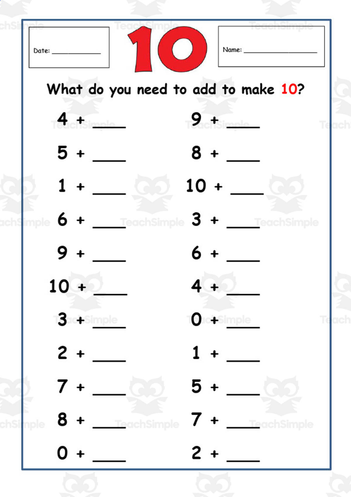 An educational teaching resource from Elementary Resources 4 U entitled Bonds to 10 Worksheet downloadable at Teach Simple.