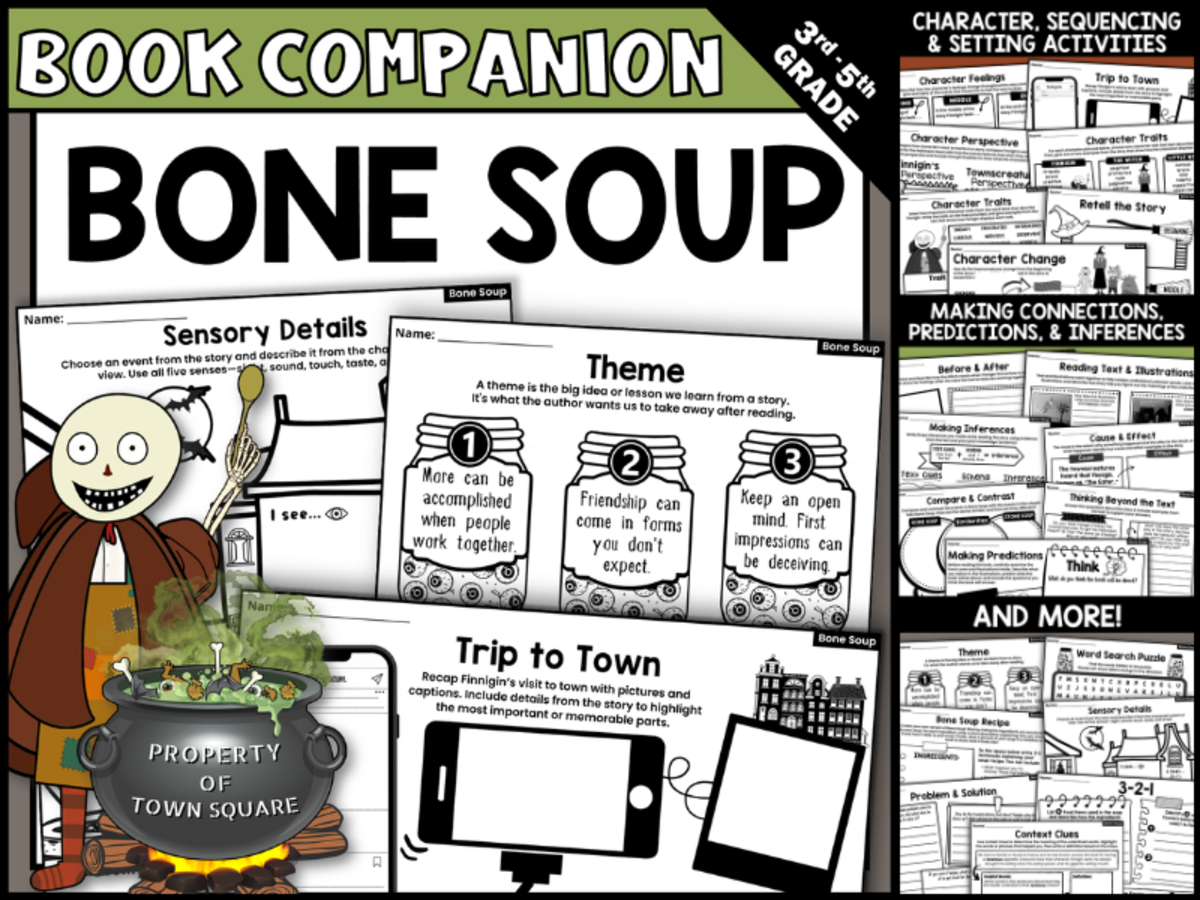 An educational teaching resource from Creatively Gifted entitled Bone Soup Picture Book Companion Halloween Read Aloud Activities downloadable at Teach Simple.