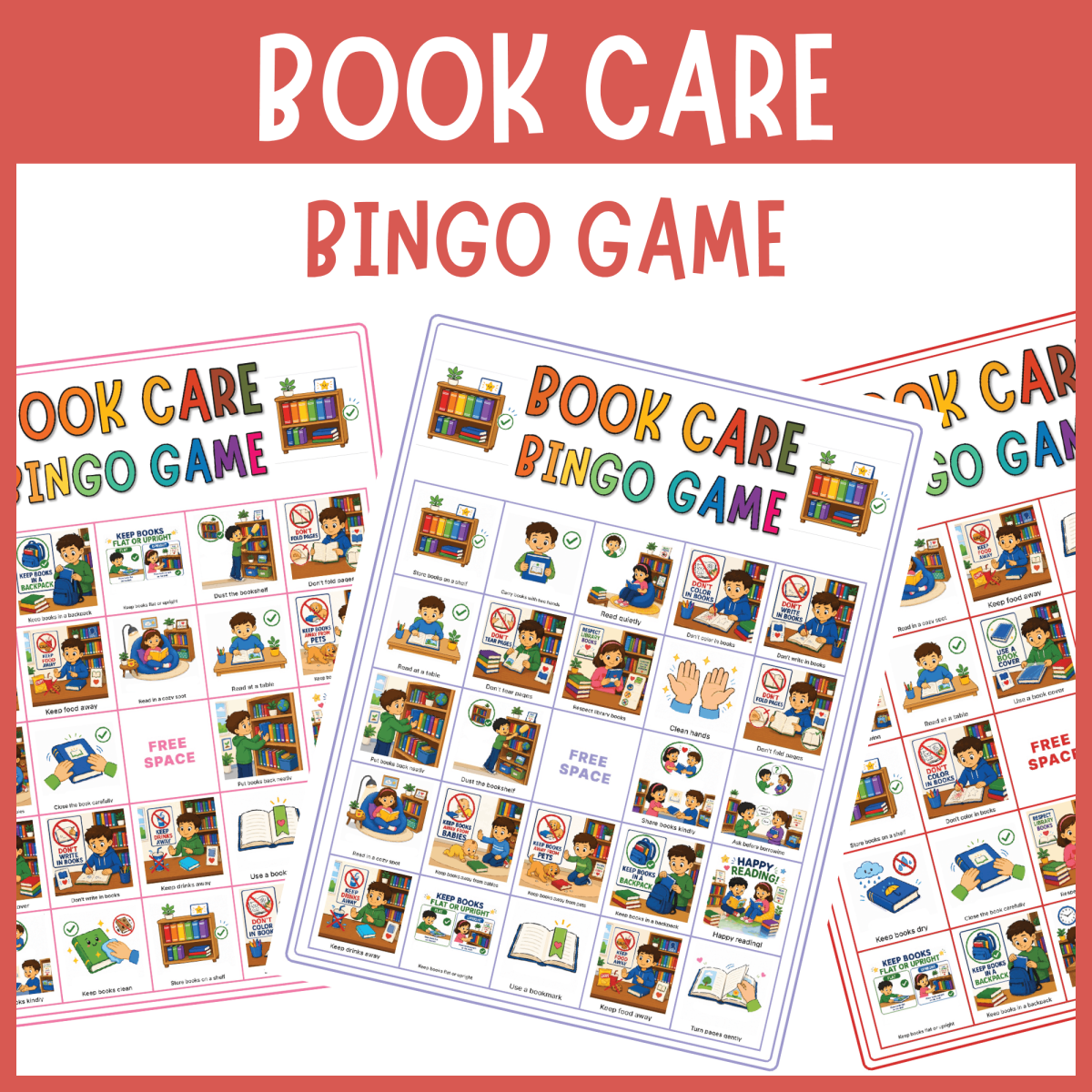 An educational teaching resource from The Clever Llama entitled Book care rules procedure bingo game school library center activities downloadable at Teach Simple.