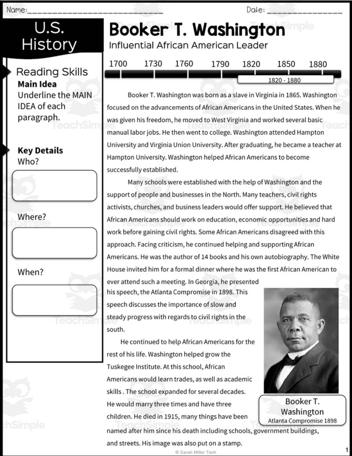 An educational teaching resource from Sarah Miller Tech entitled Booker T. Washington Reading Packet downloadable at Teach Simple.