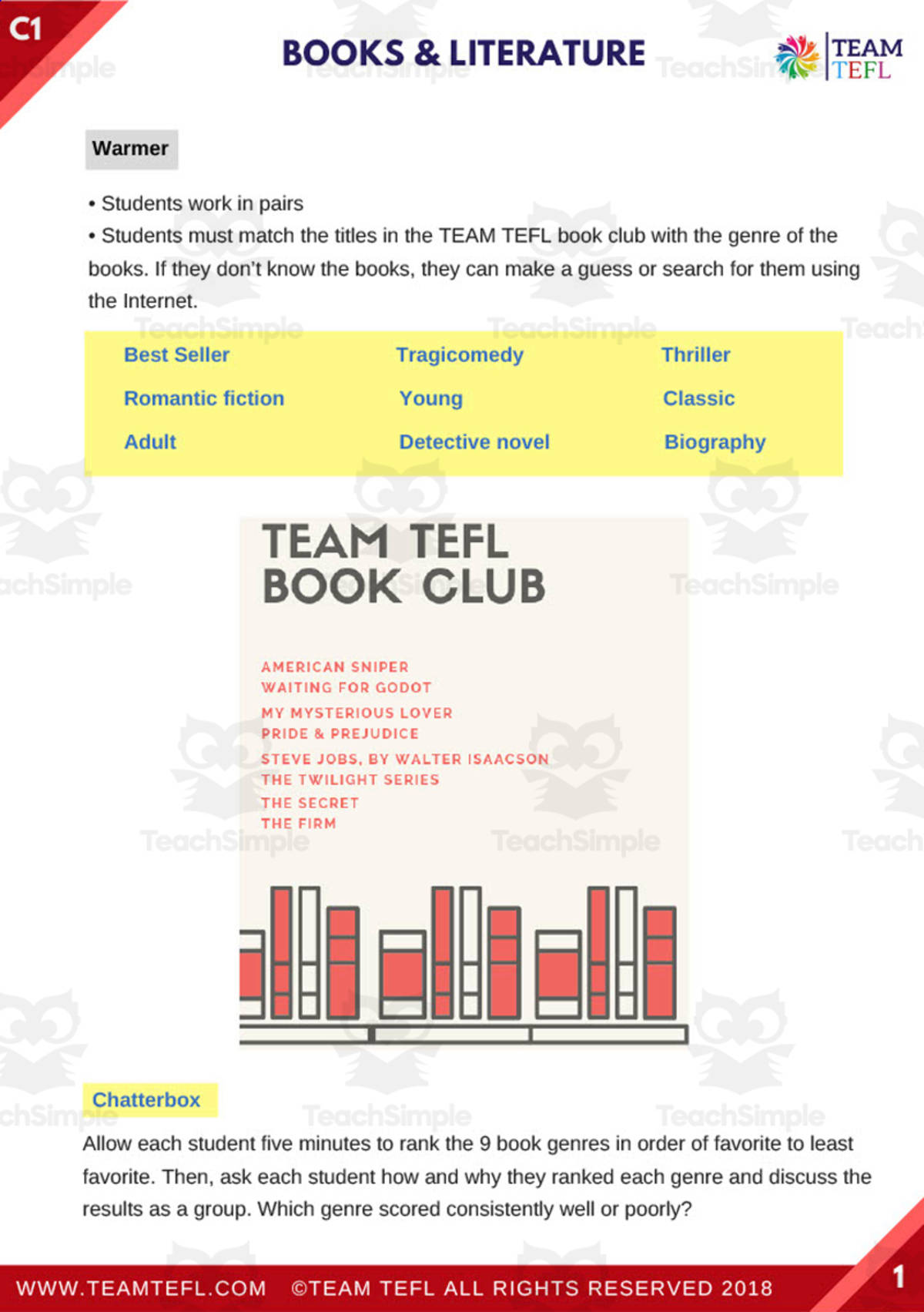 An educational teaching resource from TEAM TEFL entitled Books & Literature ESL Advanced Lesson Plan downloadable at Teach Simple.