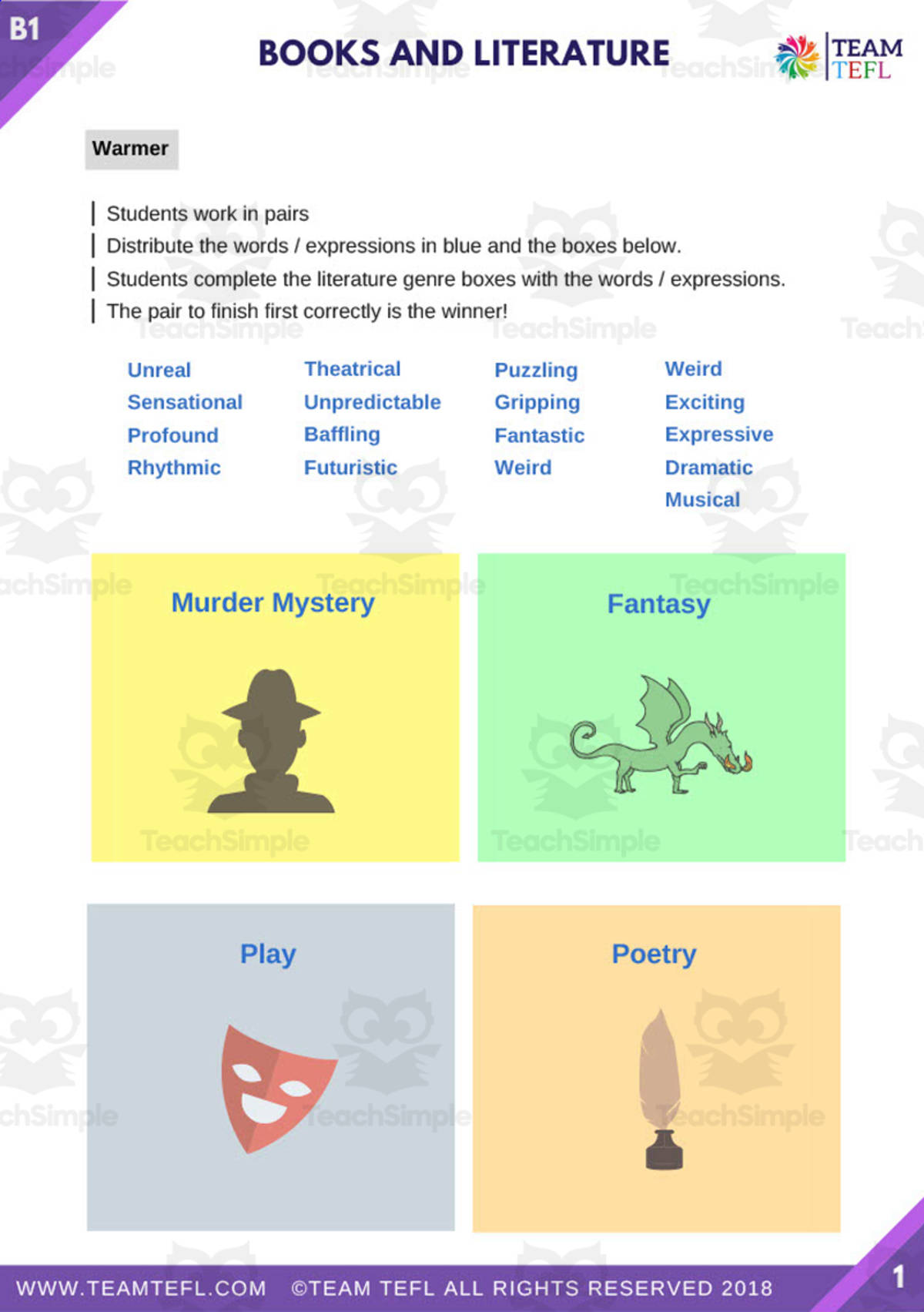 An educational teaching resource from TEAM TEFL entitled Books and Literature | Intermediate Lesson Plan downloadable at Teach Simple.