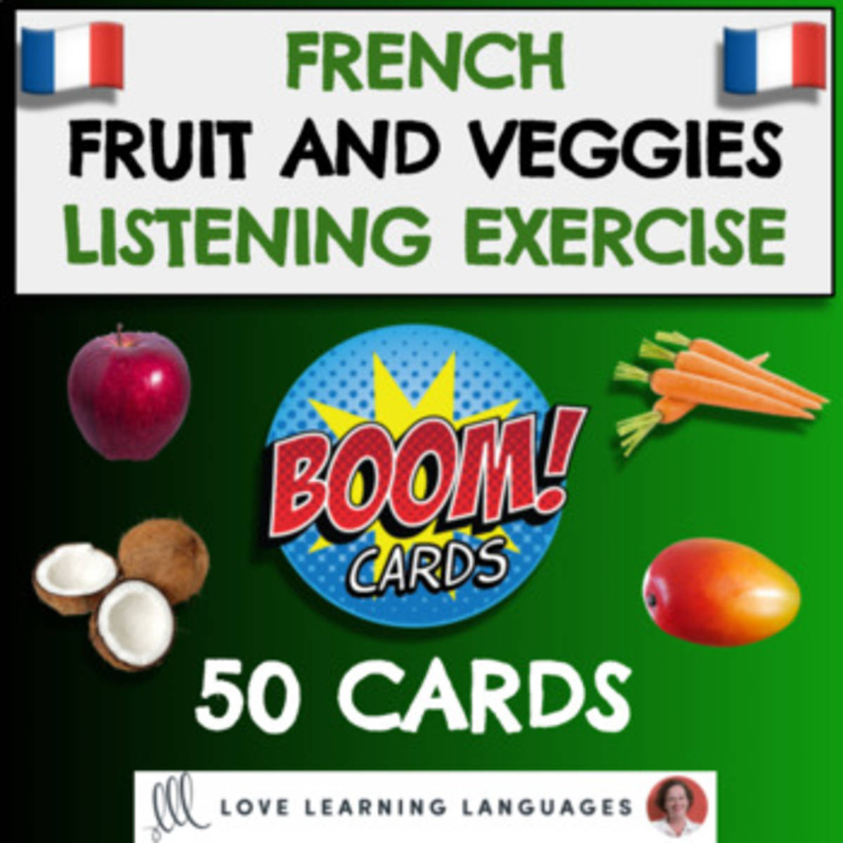 An educational teaching resource from Love Learning Languages entitled Boom Cards FRENCH FRUIT AND VEGETABLES Listening Comprehension Distance Learning downloadable at Teach Simple.