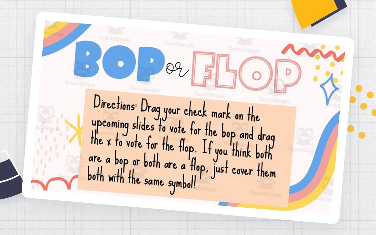 An educational teaching resource from Joyful Noise Teaching entitled Bop or Flop – Music Class Listening Game downloadable at Teach Simple.