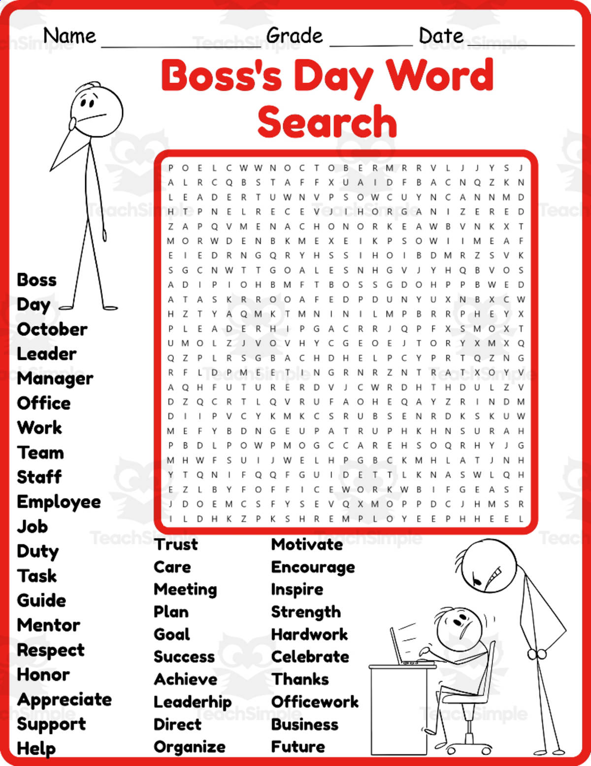 An educational teaching resource from Classsimple entitled Boss Day Word Search 2rd 3th 4th 5th Grade worksheet activity downloadable at Teach Simple.