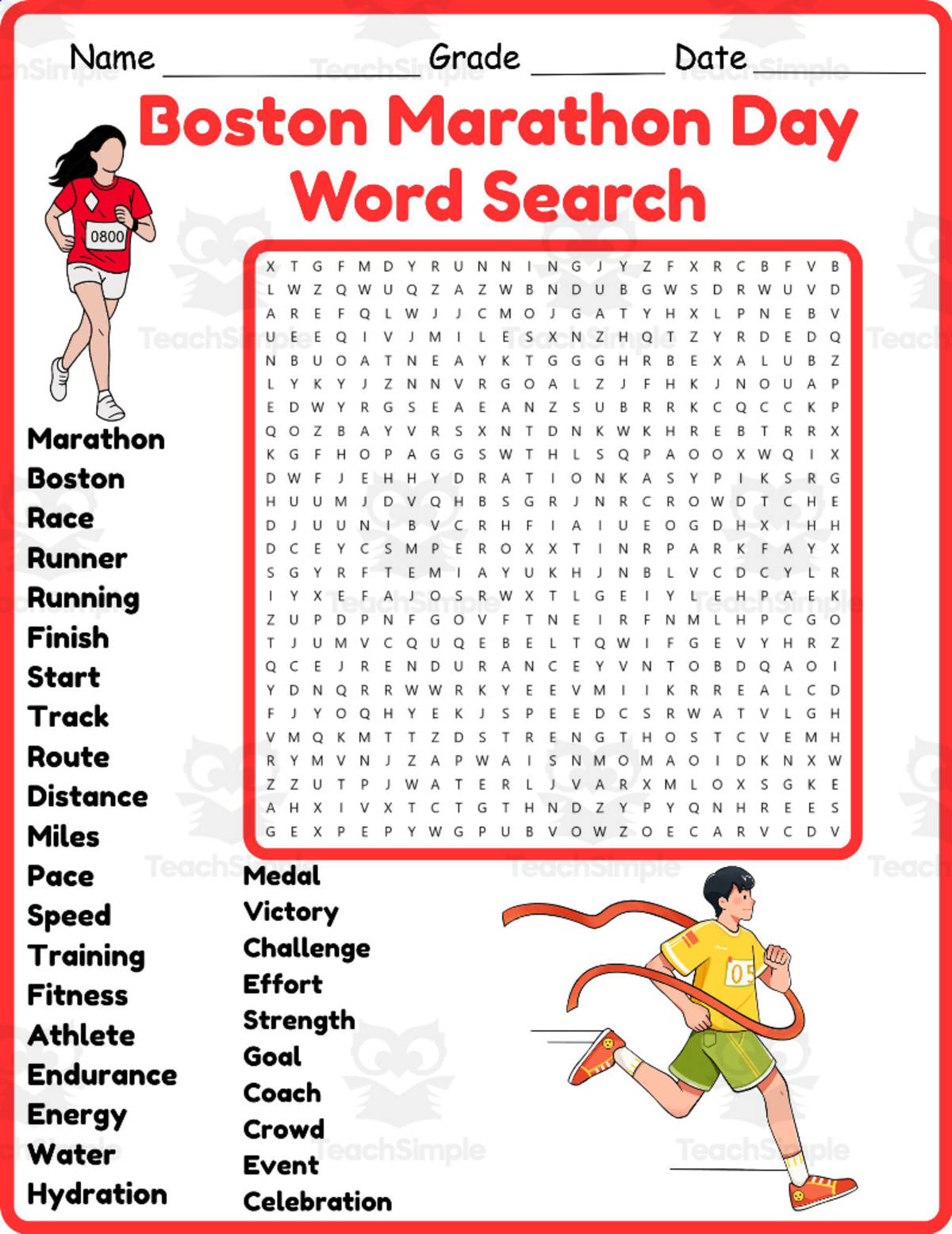 An educational teaching resource from Classsimple entitled Boston Marathon Day Word Search 2nd 3rd 4th 5th Grade Worksheet downloadable at Teach Simple.