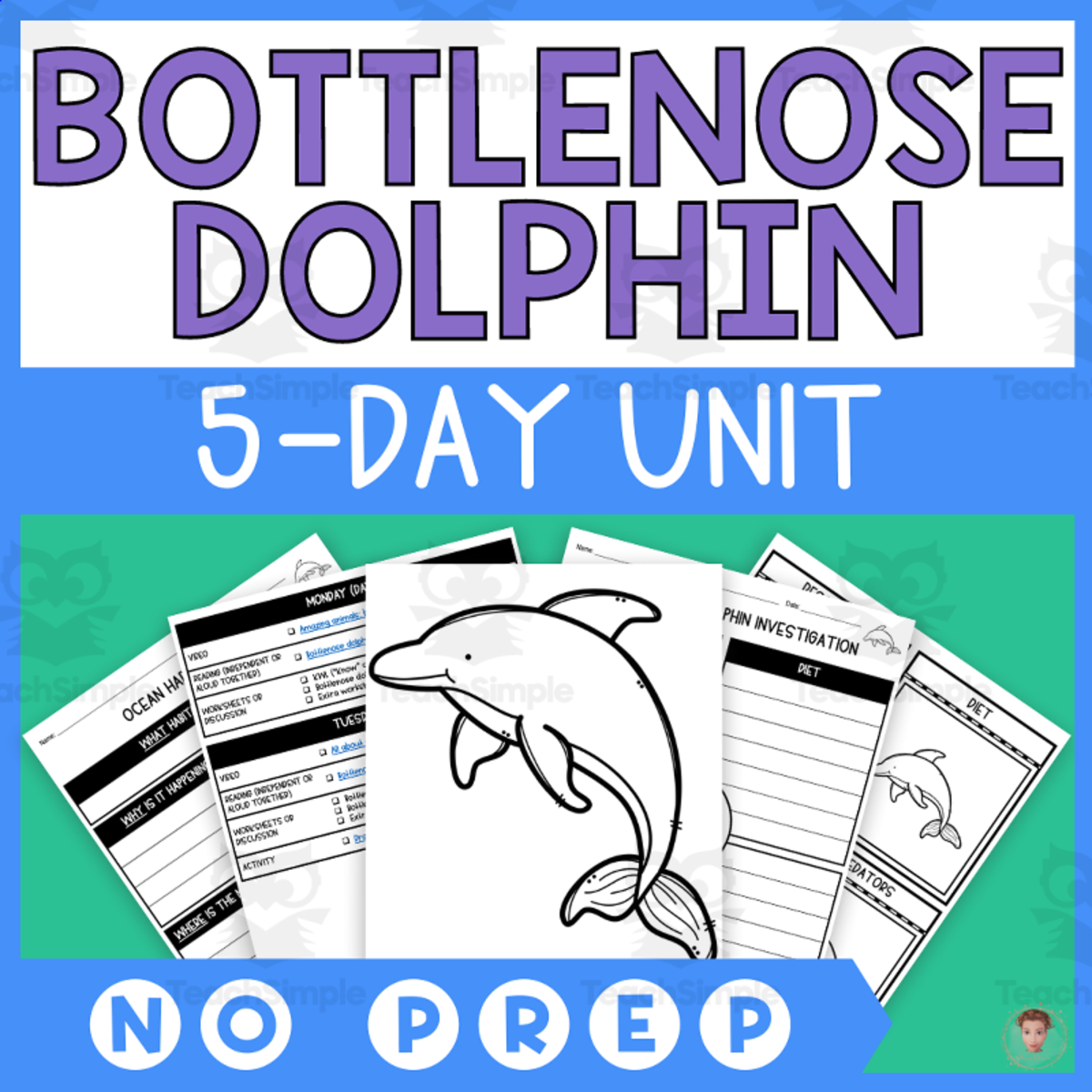 An educational teaching resource from Heather Huhman entitled Bottlenose Dolphin Unit Study (Ocean Animals Lesson Plan, Videos, Activities) downloadable at Teach Simple.