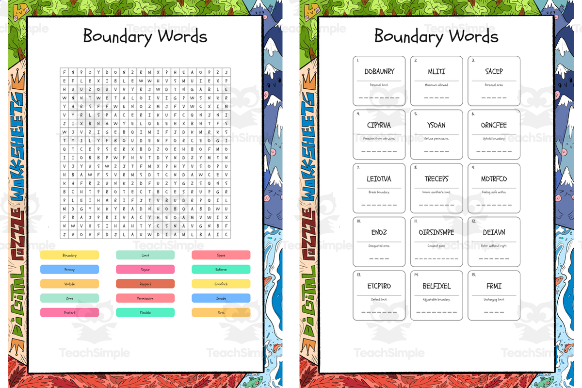 An educational teaching resource from Lapiiin Art Activities entitled Boundary Words word search, scramble and crossword puzzle downloadable at Teach Simple.