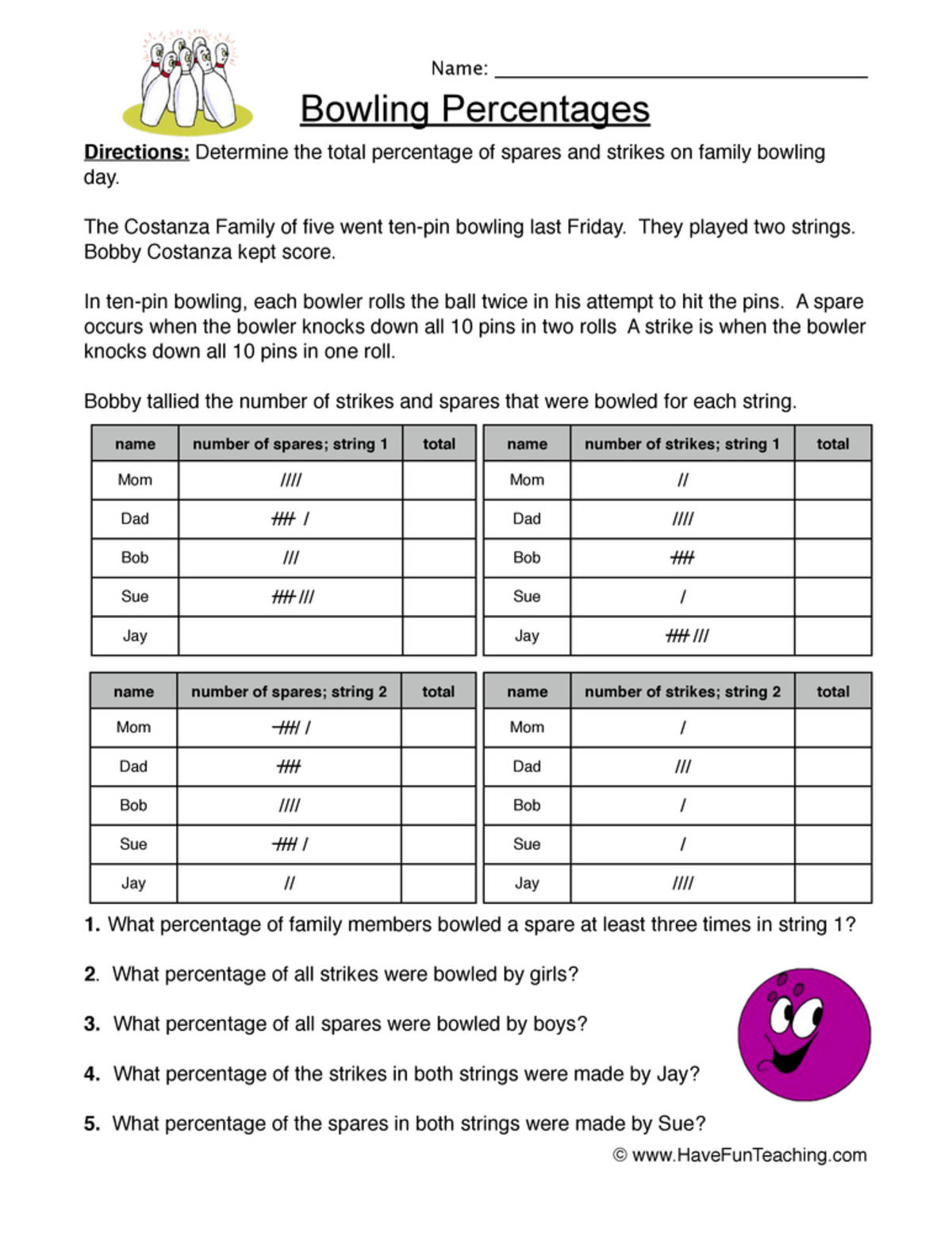 An educational teaching resource from Have Fun Teaching entitled Bowling Percentages Worksheet downloadable at Teach Simple.