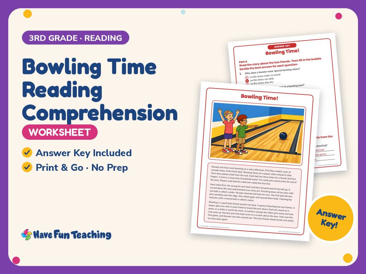 Bowling Time Reading Comprehension Worksheet – 3rd Grade Sports preview