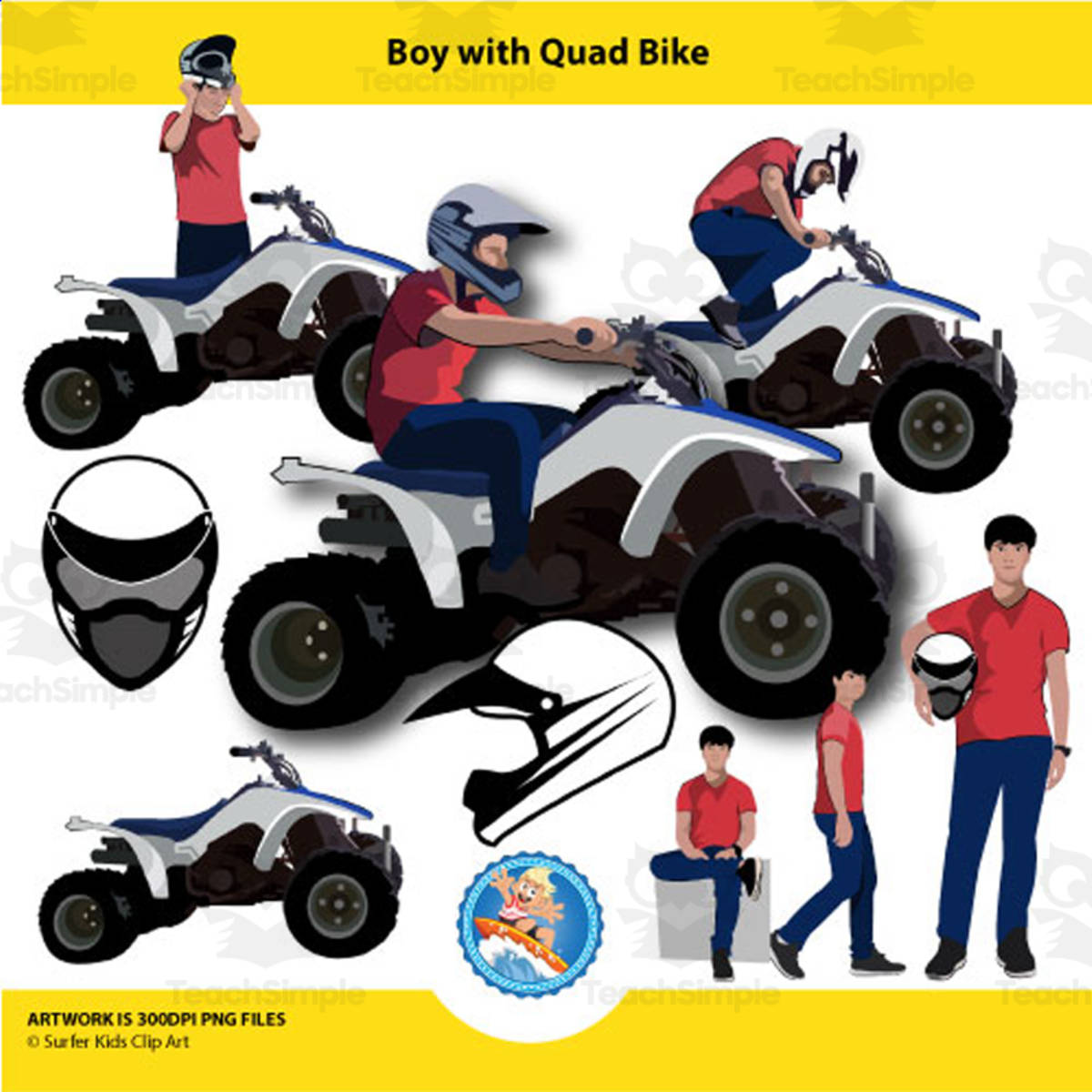 An educational teaching resource from Surfer Kids Clip Art entitled Boy with Quad Bike Clipart downloadable at Teach Simple.