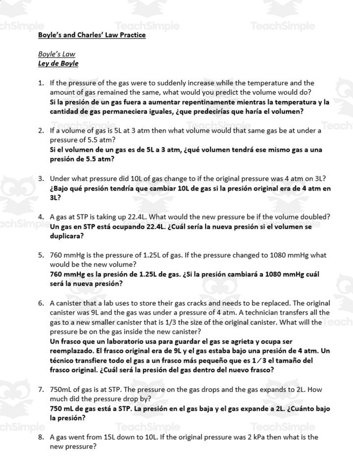 An educational teaching resource from Schrim's Chem entitled Boyles and Charles Law Practice Problems ESL: Spanish version downloadable at Teach Simple.