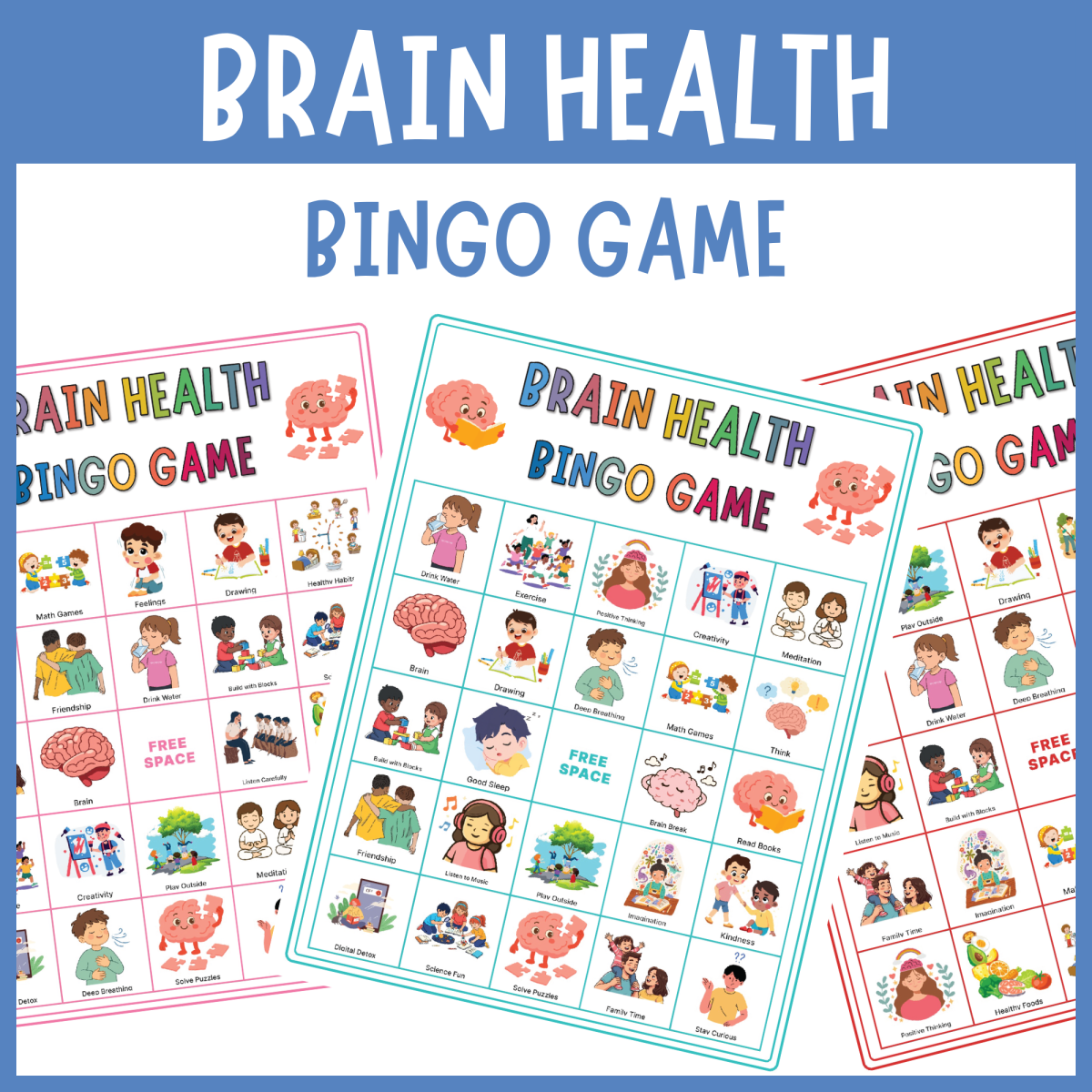 An educational teaching resource from The Clever Llama entitled Brain health mindfulness bingo game SEL Wellness healthy habits downloadable at Teach Simple.