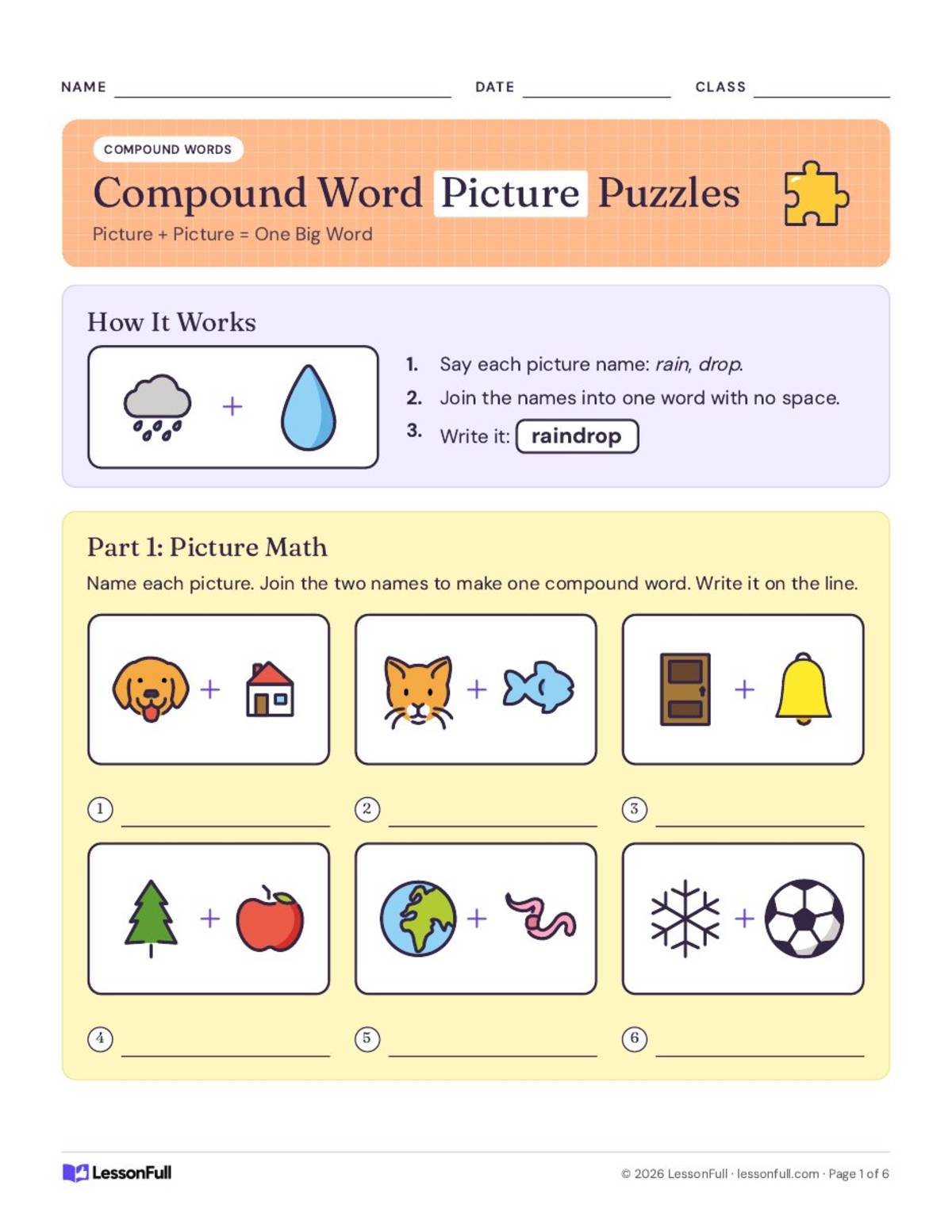 Brain Teasers – Word Play Compound Word Puzzles preview: Four pages of picture compound-word puzzles