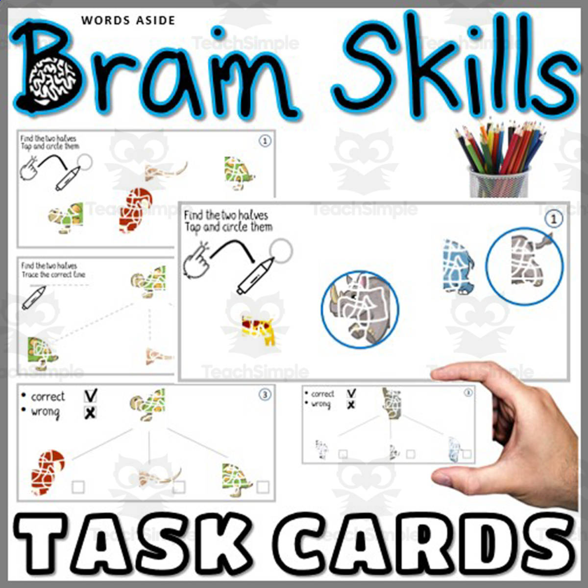 An educational teaching resource from WORDS ASIDE entitled Brain Visual Perception Task Cards Farm Animals downloadable at Teach Simple.