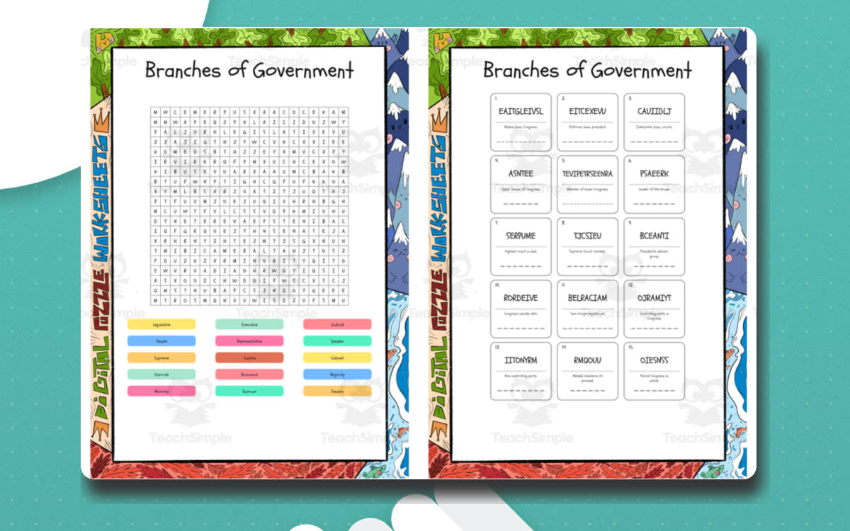 An educational teaching resource from Lapiiin Art Activities entitled Branches of Government word search, scramble and crossword puzzle downloadable at Teach Simple.