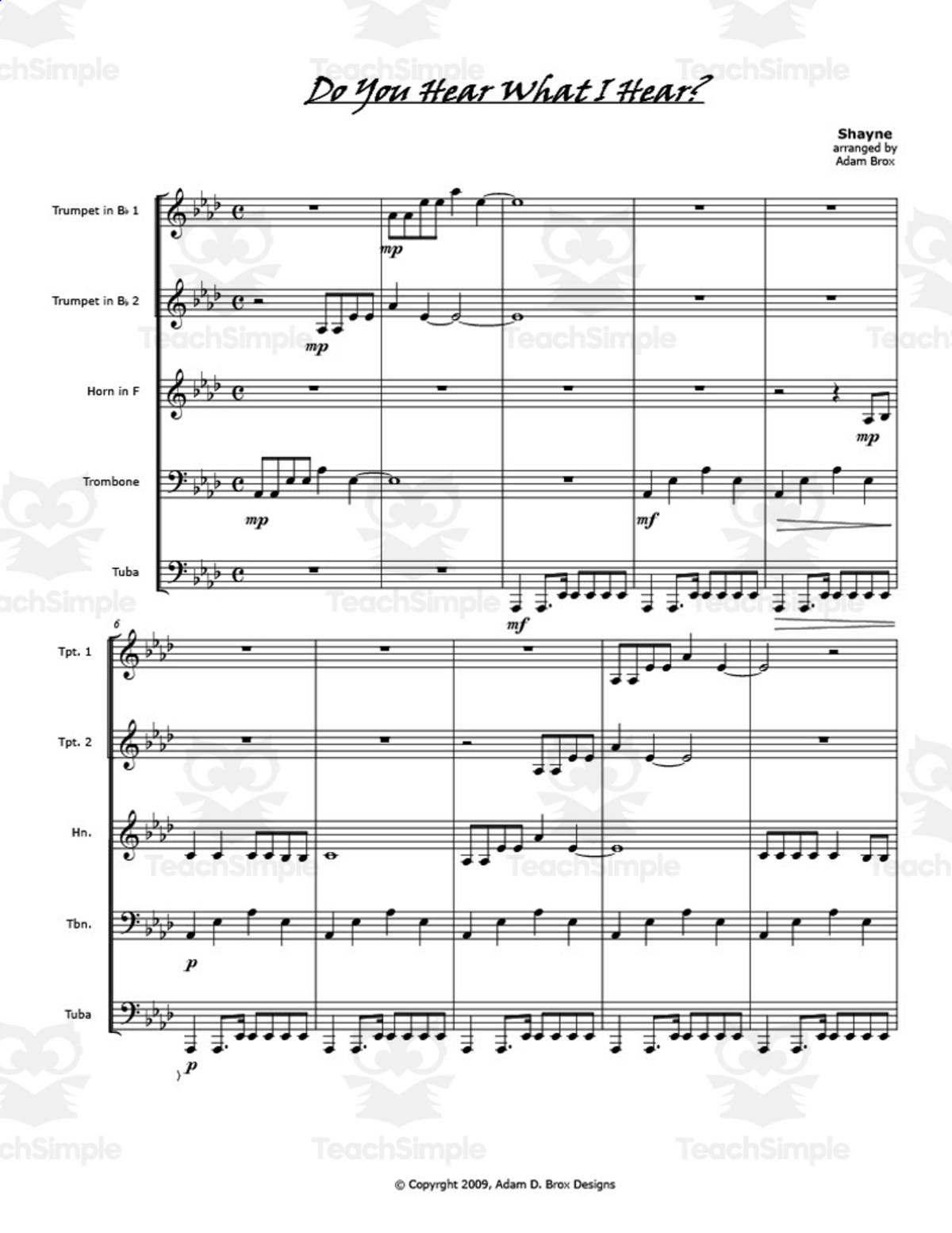 An educational teaching resource from Adam Brox Music Store entitled Brass Quintet Sheet Music: "Do You Hear What I Hear" downloadable at Teach Simple.