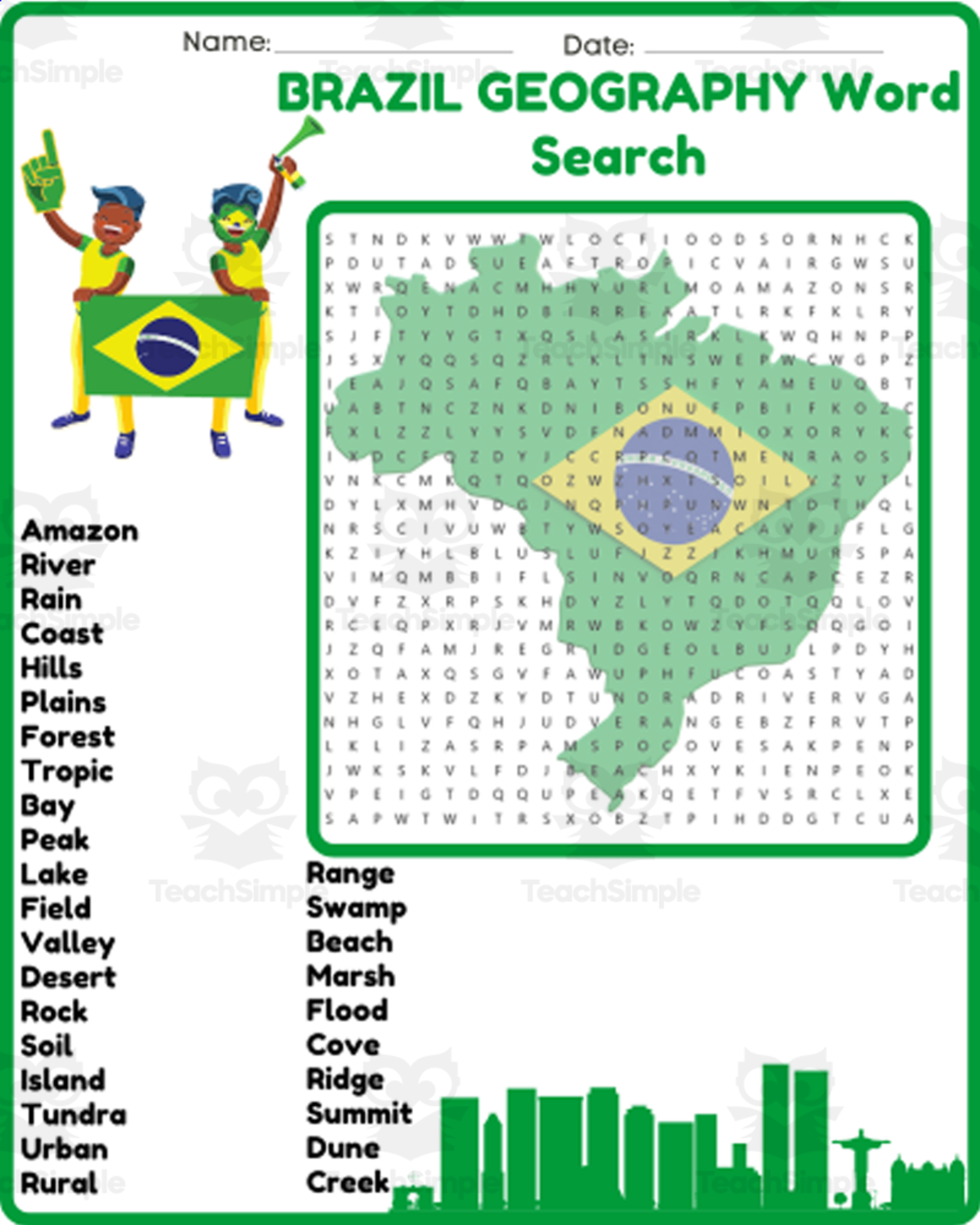 An educational teaching resource from space shope entitled BRAZIL GEOGRAPHY Word Search Puzzle Worksheet Activity downloadable at Teach Simple.
