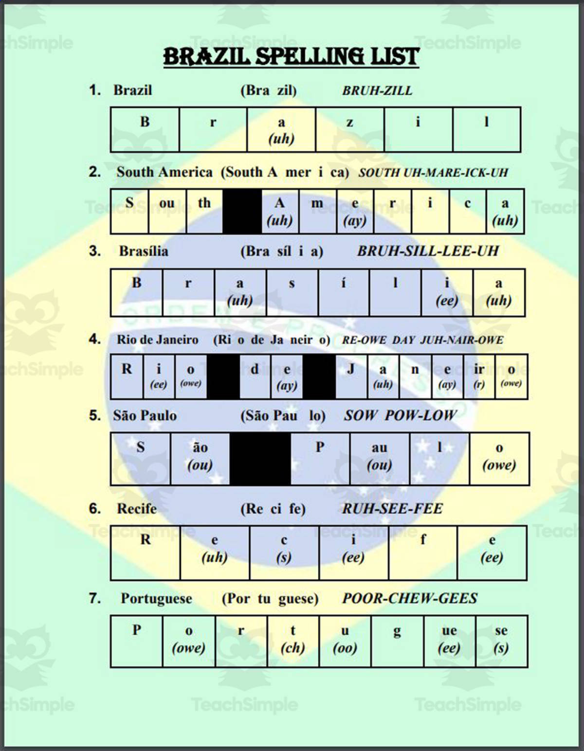 An educational teaching resource from Mr. Matthews Teacher Store entitled Brazil Spelling List downloadable at Teach Simple.