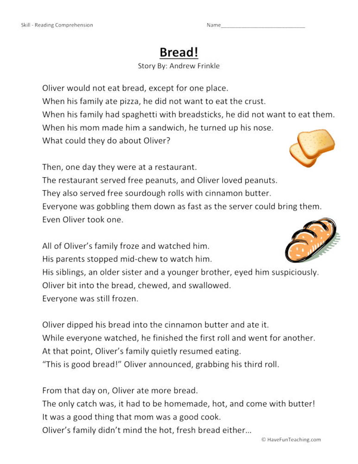 An educational teaching resource from Have Fun Teaching entitled Bread! Reading Comprehension Worksheet downloadable at Teach Simple.