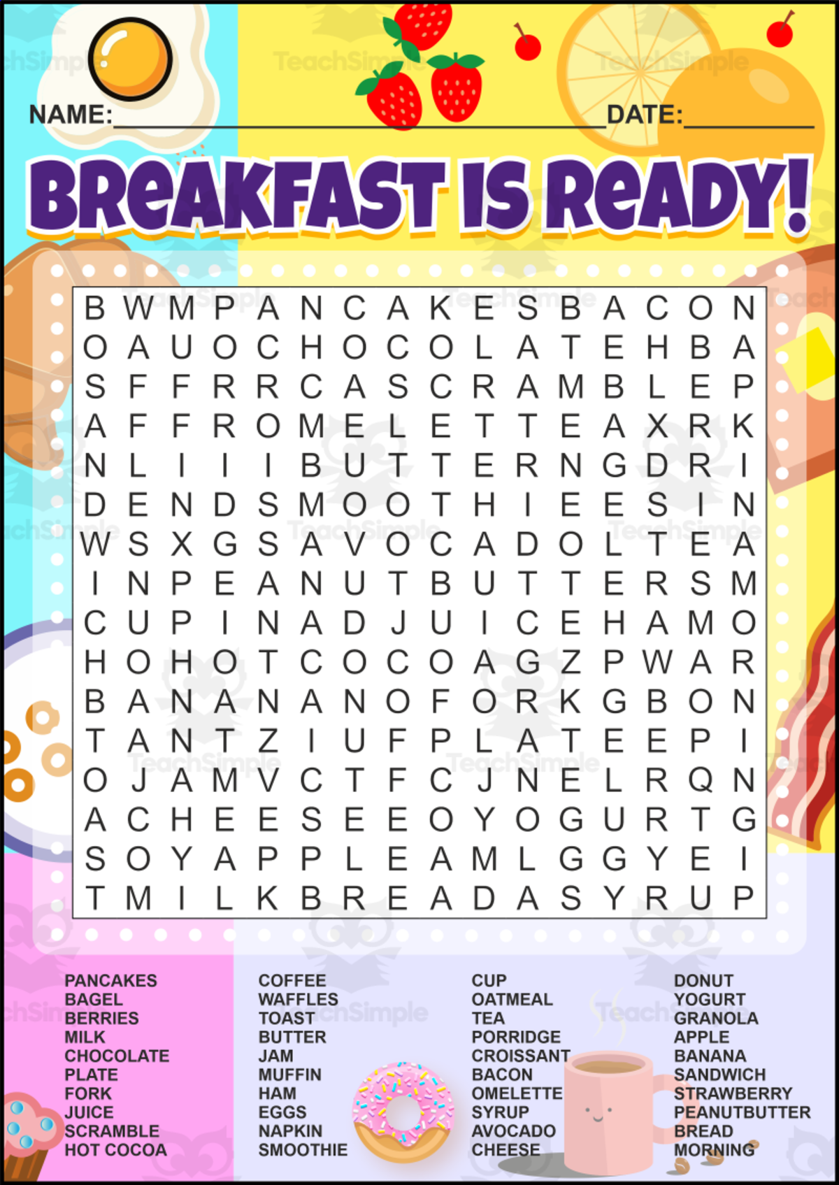 Breakfast Word Search Puzzle – Food Vocabulary Activity for Kids preview