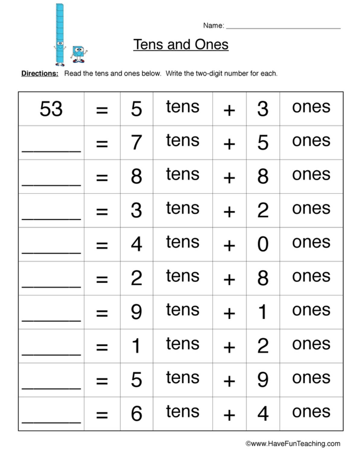 An educational teaching resource from Have Fun Teaching entitled Breaking into Tens Ones Worksheet downloadable at Teach Simple.
