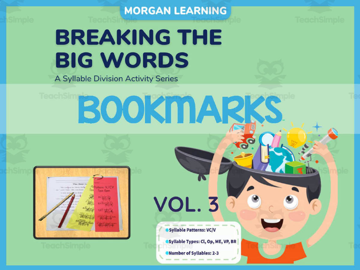 An educational teaching resource from Morgan Learning entitled Breaking the Big Words Bookmarks Volume 3 downloadable at Teach Simple.
