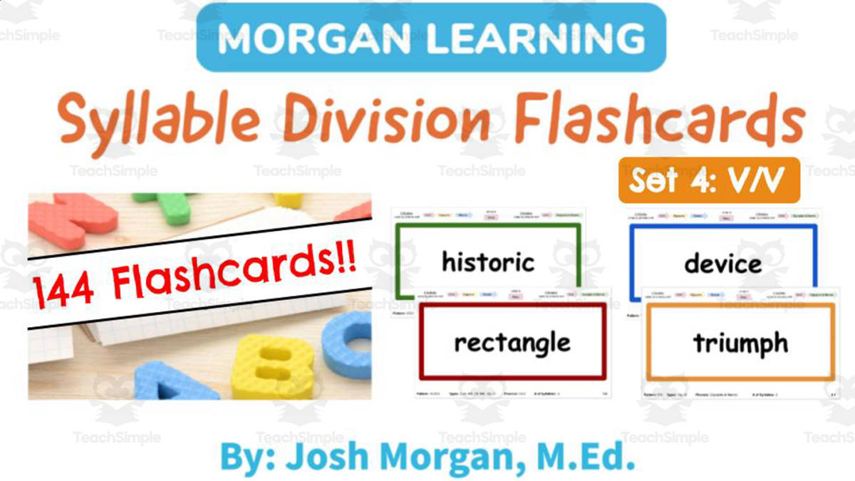 An educational teaching resource from Morgan Learning entitled Breaking the Big Words | Syllable Division Flash Cards Set 4: V/V downloadable at Teach Simple.
