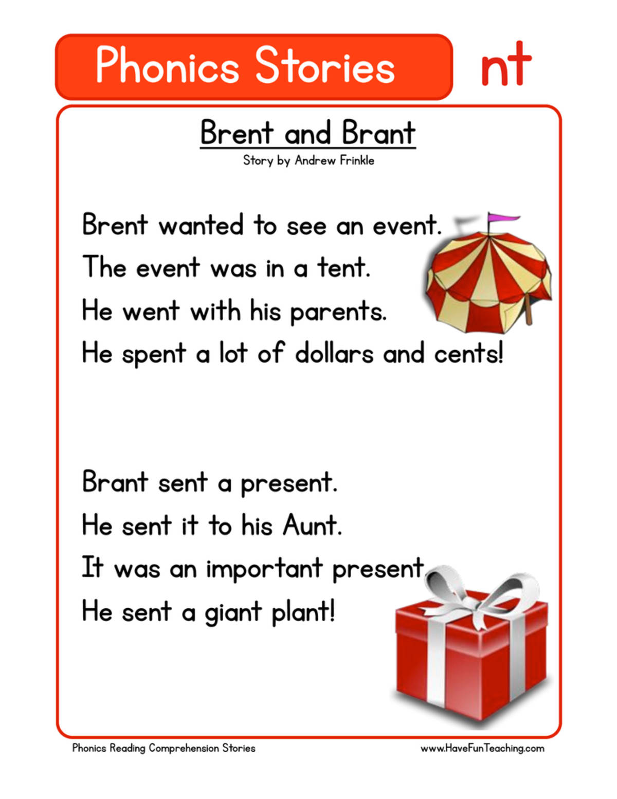 An educational teaching resource from Have Fun Teaching entitled Brent and Brant NT Phonics Stories Reading Comprehension Worksheet downloadable at Teach Simple.