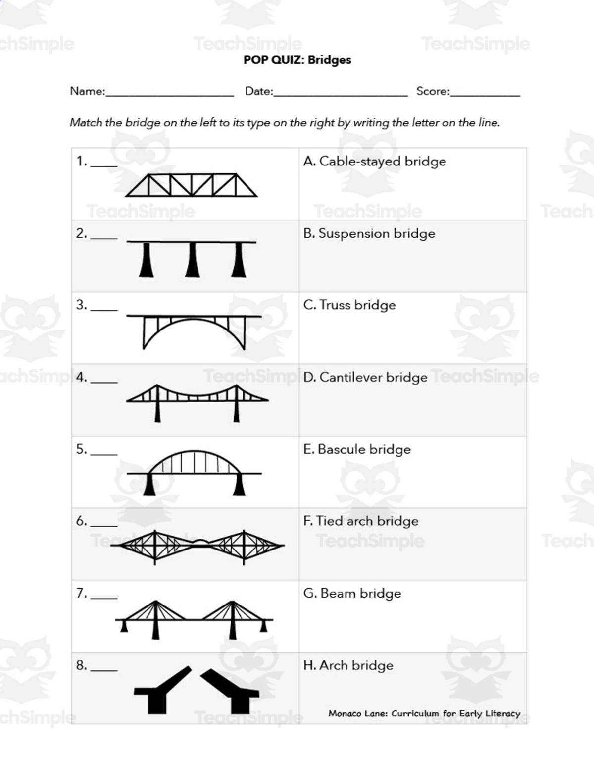 An educational teaching resource from Monaco Lane Curriculum for Early Literacy entitled Bridges Pop Quiz downloadable at Teach Simple.