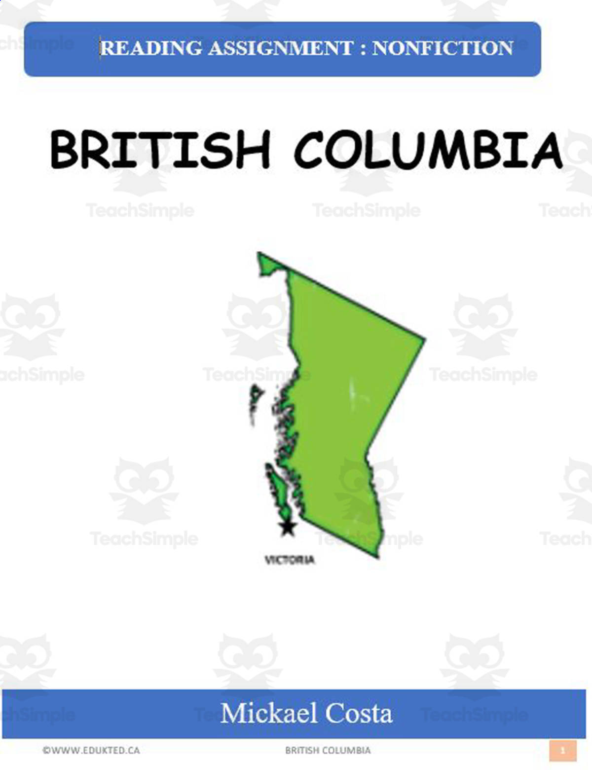 An educational teaching resource from Learn it ANY way entitled British Columbia (#1370) downloadable at Teach Simple.