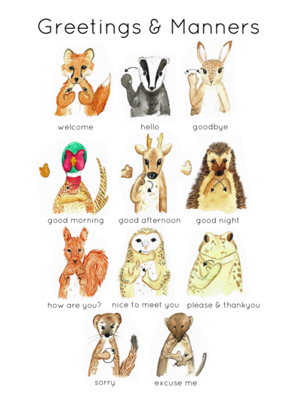 An educational teaching resource from Fiddleticks Education entitled British Sign Language Flash Cards - Greetings and Manners | Woodland Animal BSL Learning Resources downloadable at Teach Simple.
